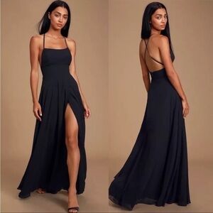 Lulu's Black "Dreamy Romance" Maxi Dress NWT Open back Gown with slit